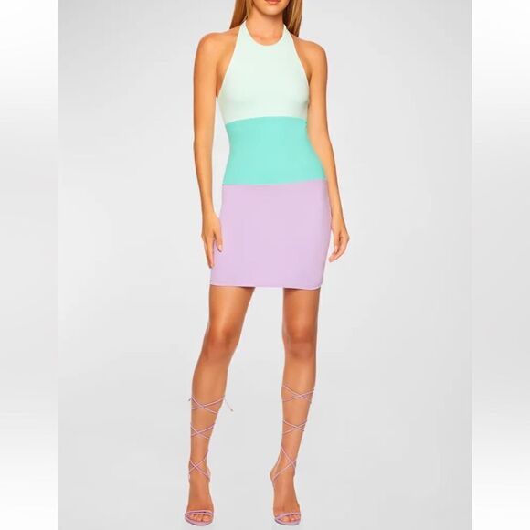 NEW Susana Monaco Colorblock Halter Bodycon Mini Dress Teal Pink Small - Picture 6 of 6